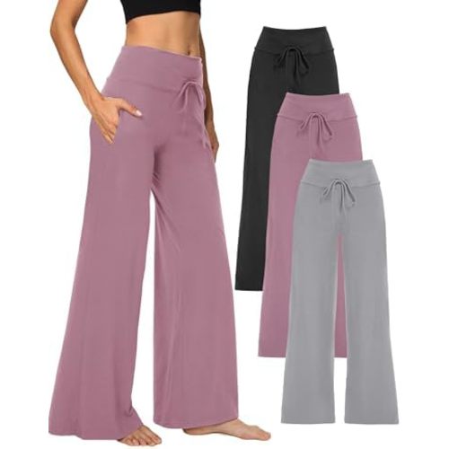 Showitty 1/3 Pack Women's Wide Leg Pants with Pockets, Causal Loose Pajama Palazzo Trousers Sweatpants for Yoga Lounge