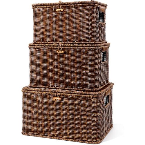 Nonam Wicker Storage Basket with Lid, Large Shelf Baskets for Boho Decor, Plastic Basket, Lidded Home Storage Bins - Stackable Containers Boxes for Organizing - Brown