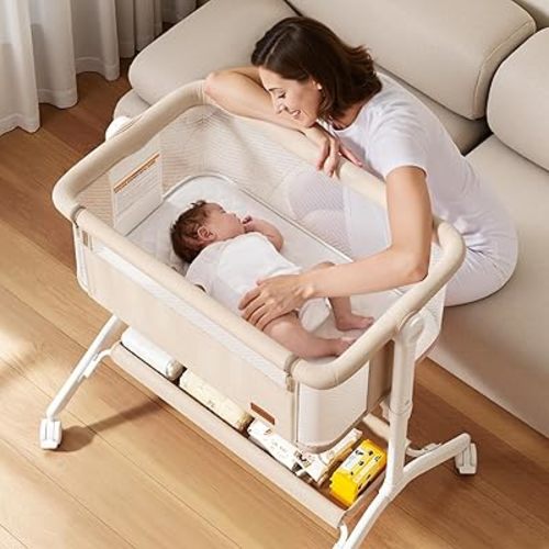 Bassinet Bedside Sleeper - All-Mesh Design, Portable Bedside Bassinet for Baby with Washable Mattress, 5 Adjustable Heights（Beige）