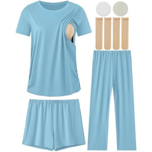 DANSHOW 5 Piece Maternity Nursing Pajamas Pregnancy Pjs Sets Breastfeeding Sleepwear for Women, Nursing Breast Pads & Socks
