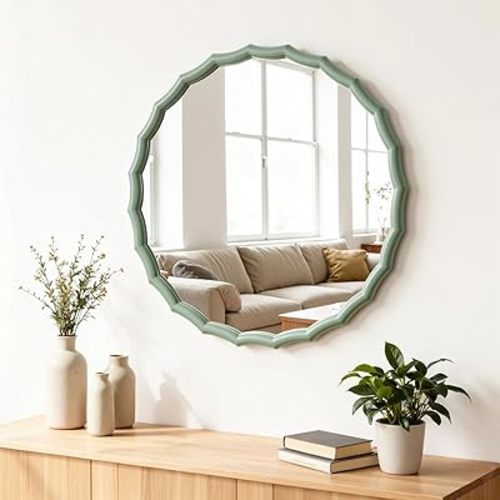 24" Green Scalloped Circle Mirror, Round Wavy Edge Mirror, Farmhouse Wood Frame Vanity Mirror Decorative for Bathroom Bedroom Living Room Home House Office Entryway