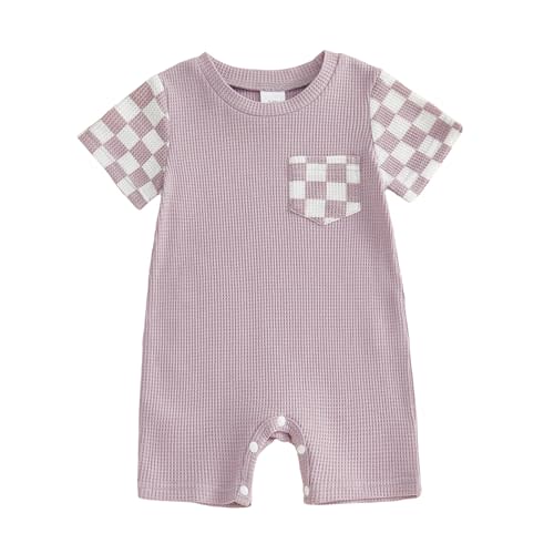 Newborn Baby Boy Girl Clothes Checkered Plaid Romper Waffle Knit Short Sleeve Jumpsuit One Piece Infant Summer Outfits