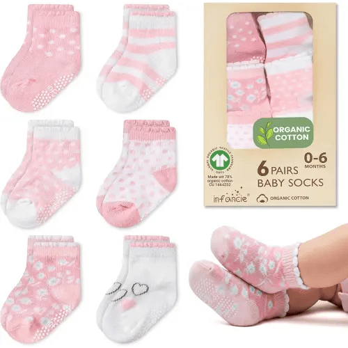 Organic Cotton GOTS Certified Baby Socks 6 Pairs for Newborn Girls 0-6 Months, Soft Breathable Infant Socks, Cute Little Girls Socks, Baby Registry Essential