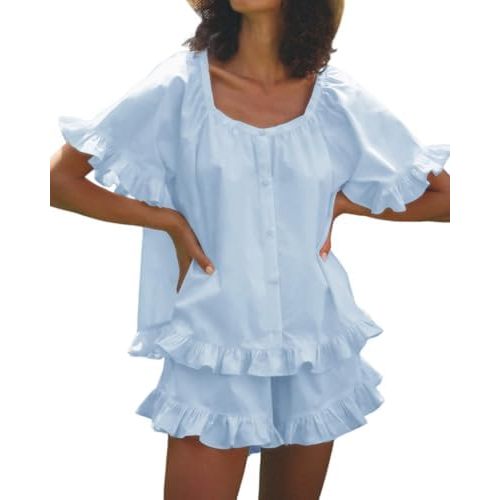 Womens Fashion Summer Short Sets Short Sleeve Button Down Ruffle Trim Top and Shorts Cotton Pajama Sets