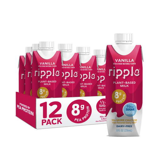 Ripple Lactose-Free Beverage, Plant-Based Vanilla Non-Dairy Milk 8g Protein, 8 oz- Pack of 12 Kids Drinks