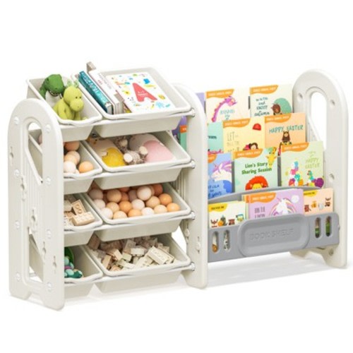 2-in-1 Kids Bookshelf and Toy Organizer with Storage Bins, White HDPE