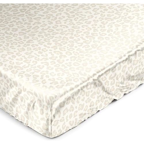 Sweet Jojo Designs Shabby Chic Animal Print Girl Baby Satin Fitted Crib Sheet Infant Newborn Nursery Toddler Bed Room Standard Mattress Ivory Beige Taupe Leopard Cheetah Pattern Elegant Gold Off White