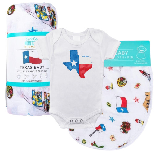 Texas Watercolor Baby Gift Bundle - Swaddle, Burp/bib, Onesie – Little Hometown