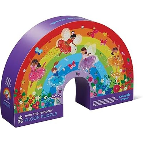 Crocodile Creek 36-Piece Jigsaw Floor Puzzle - Fun Floor Puzzles for Kids Ages 3-5 - Heavy-Duty Shaped Box for Storage - Over The Rainbow - 24" W x 18" H Finished