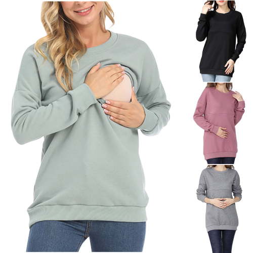 YanHoo Women's Nursing Tops with Hidden Zipper Shirts Long Sleeve Breastfeeding Clothes Round Neck Postpartum Maternity Tee Shirt Black,L
