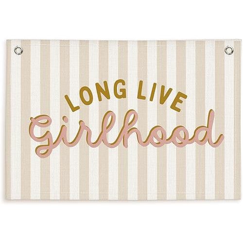 Lacama Girl Room Decor, Long Live Girlhood Linen Banner Hanging Flag Retro Pink Stripes Banner for Nursery Playroom Wall Decor for Kids Bedroom Dorm Toddler Decorations Trendy Room Decor 30x20 In