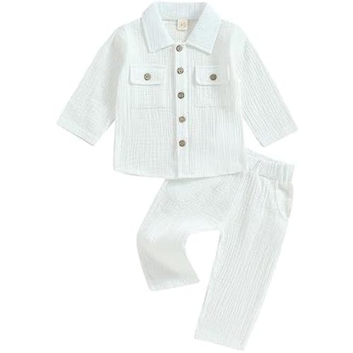 VISGOGO Toddler Boy Linen Outfit Baby Boy Fall Winter Clothes Set Button-Down Shirt Tops Cotton Linen Pants 2PCS