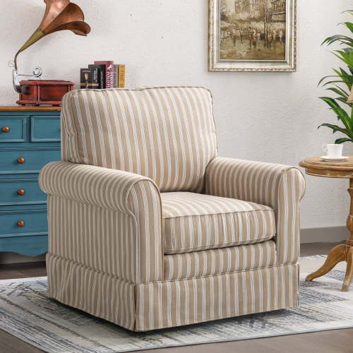 Bonzy Home 30" Wide Bohemian Cotton Blend Vertical Stripe Sloped Arm Swivel Accent Chairs for Adults, Brown