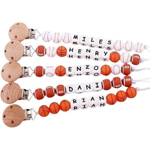 Personalized Pacifier Clip with Name for Boy, Basketball & Soccer & Football Pacifier Clip