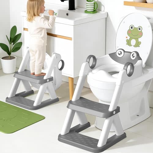 COOSEYA Frog Toilet Seat, Potty Training Toilet Seat for Toddler, Upgrade Potty Training 2 in 1 Toddler Toilet Seat for Boys Girls,Waterproof Soft Mat Non-Slip Step Stool