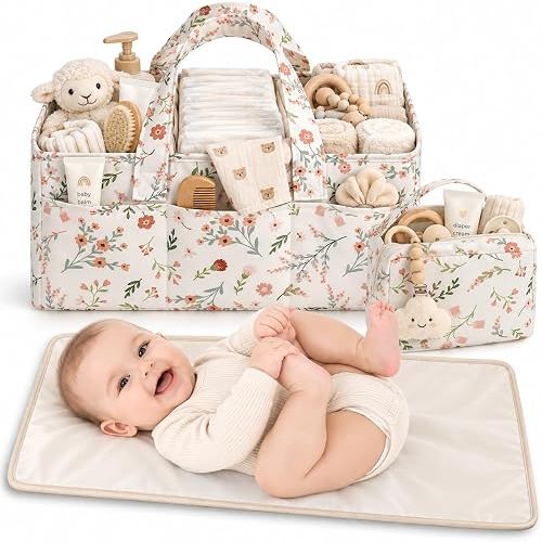 PeraBella Baby Diaper Caddy Organizer 3 Pcs Set, Floral Baby Basket Shower Gift, Nursery Organizer Basket for Newborn Boy Girl Essential Items, Changing Table Organizer Caddy for Baby Stuff, Car Caddy