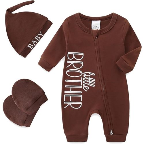 Babymine Baby Boy Clothes Little Brother Newborn Outfit 0-3 Months Coming Home Romper with Mittens and Hat