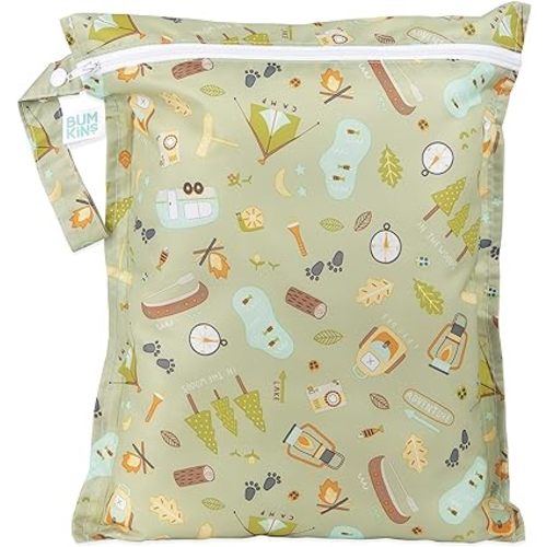 Bumkins Waterproof Wet Bag for Baby, Travel, Swim Suit, Cloth Diapers, Pump Parts, Pool, Beach, Gym Clothes, Toiletry, Hook to Stroller, Daycare, Zipper Reusable Wetdry Packing Pouch, Camp Gear Green