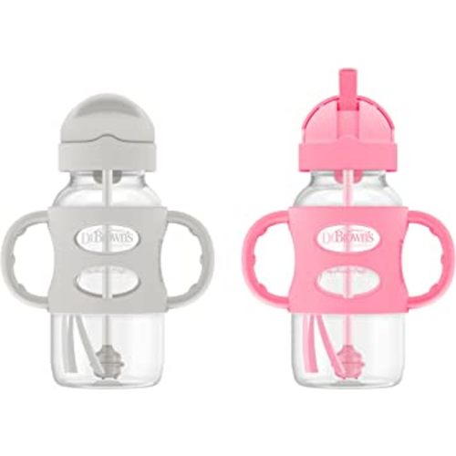 Dr. Brown's Milestones Wide-Neck Sippy Straw Bottle with 100% Silicone Handles and Weighted Straw, 9 oz/270 mL, Gray & Pink, 6m+, 2 Count (Pack of 1)