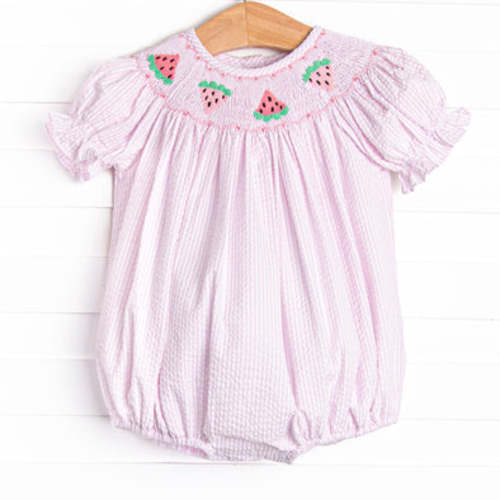 Scalloped Slices Smocked Bubble, Pink Seersucker – Stitchy Fish
