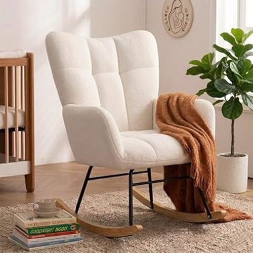 Nursery Rocking Chair, Rocking Chairs for Nursery, Baby Rocker Chair, Glider Rocker, Anti-Tip Safety Design, 440 Lb Weight Capacity, Cotton Fabric Cover, White