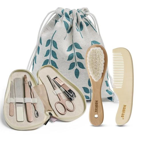 haakaa Baby Hair Brush and Comb Set & Pear-FECT Manicure Kit for Newborns & Toddlers, Natural Soft Goat Bristles and Wooden Handle, Baby Healthcare and Grooming Kit, Baby Nail Clippers, Pearl White