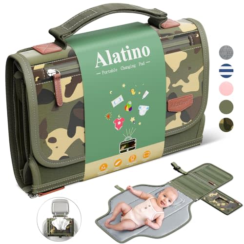 Alatino Portable Diaper Changing Pad, Wipe Clean, Large 25x22,Green Camo | Cushioned With Built-In Pillow, Waterproof, Lightweight & Compact For Travel, Car & On-The-Go Changes
