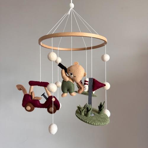 Bear Golfer Felt Mobile, Golf Car and Bowling Nursery Decor, Green and Burgundy Crib Hanging, Handmade Sport Mobile for Baby