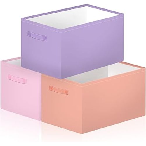 Boao 3 Pack Fabric Storage Bins for Shelves, Pastel Canvas Storage Baskets with Handles, Collapsible Closet Organizer Bins for Clothes Toys Books Laundry Nursery Bedroom