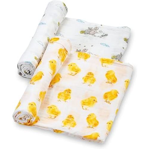 LollyBanks Baby Swaddle Blanket, 100% Cotton Muslin Blanket for Boys and Girls, Large 47 x 47 Inches Soft and Breathable Swaddles for Newborns, Gentle Baby Wrap Swaddle, Registry (Chick Rabbit 2 Pack)