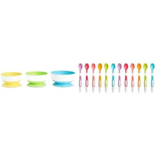 Munchkin® Stay Put™ Suction Bowls for Babies and Toddlers, 3 Pack, Blue/Green/Yellow & ® Soft Tip™ Infant Spoons, 12 Count (Pack of 1)