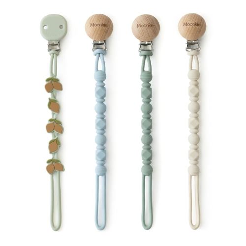 Moonkie Silicone Pacifier Clips for Baby – Durable One-Piece Binky Holder, Mixed Styles Paci Clips, Baby Essentials for Newborn Boys & Girls - 4 Pack (Lemon Lane)