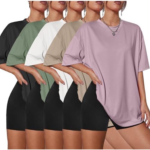 5 Pack Womens Oversized T Shirts Crew Neck Loose Fit Short Sleeve Tshirts Summer Workout Plus Size Tee Tops