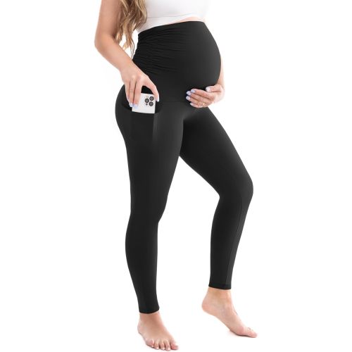 Womens Maternity Leggings with Pockets, Pregnancy Buttery Soft Yoga Workout Pants