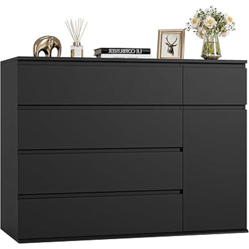 FOTOSOK 5 Drawer Dresser, Black Dresser for TV Stand, Double Wide Storage Chest of Drawers with Door, Deep Drawers and Wide Storage Space