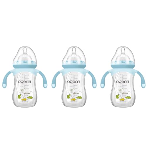 Oberni Baby Bottles, Weighted Straw Toddler Milk Bottles with Non-Slip Handle, Size + Variable Fast Flow, 12+ Months, BPA-Free, Blue/3Pack/9oz