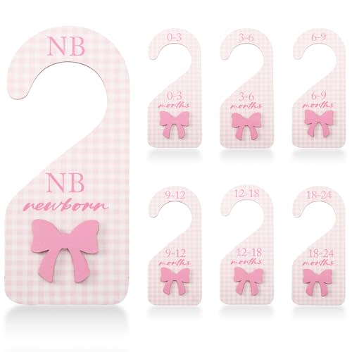 Pink Bows Baby Closet Dividers - 7 PCS Wooden Nursery Closet Dividers, Bow Nursery Decor Wardrobe Clothes Separators, Coquette Size Clothes Organizers for Baby Girl Newborn to 24 Months