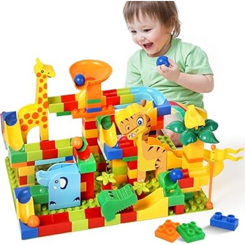 MOONTOY Dinosaur Marble Run 200PC Building Blocks - STEM Educational Toys for Kids Ages 3 4 5 6 7 8, Big Blocks Learning Set for Toddlers Boys & Girls, Gift for Christmas & Birthdays