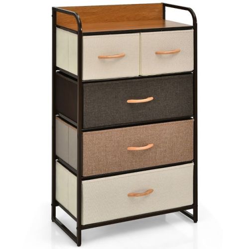 Costway 5-Drawer Dresser Storage 4-Tier Organizer Tower Steel Frame Wooden Top Gray/Cream