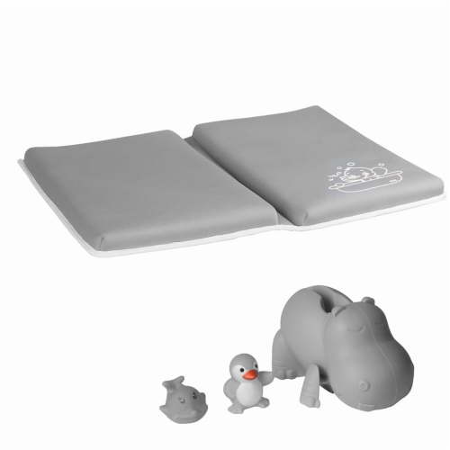 Every Moment Counts Collapsible Bathtub Kneeler Pad & Baby Bath Faucet Cover Set - Non-Slip Knee & Elbow Saver with Silicone Spout Protector for Baby Bath Safety, Includes 2 Small Toys, Gray