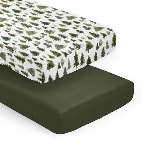 Sweet Jojo Designs Sage Green Woodland Boy Girl Gender Neutral Unisex Baby Fitted Crib Sheet Set Infant Newborn Nursery Toddler Bed Room Standard Mattress 2p Solid and Forest Pine Trees Watercolor