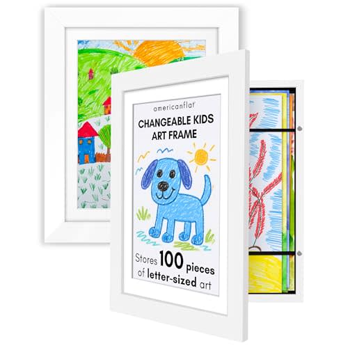 Kids Artwork Frame Changeable (White) - Magnetic Door Holds 100 Art Pieces - 8.5x11 Letter Size Display with Mat or 10x12.5 Without Mat - My Mini Masterpiece (Set of 2)