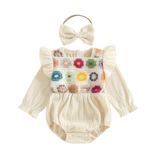 Gaono Newborn Baby Girl Smocked Bubble Romper Cute Boho Summer Clothes Ruffle Sleeveless Crochet Flower Vintage Bodysuit