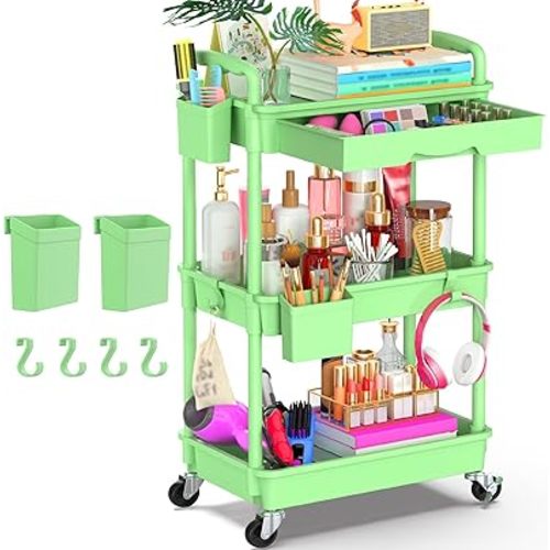 Goovilla 3 Tier Rolling Utility Cart Organizer with Removable Drawer, Stable and Sturdy Green Rolling Storage Carts with 2 Lockable Wheels for Bathroom, Kitchen, Snack, Craft, Makeup, Baby Essentials