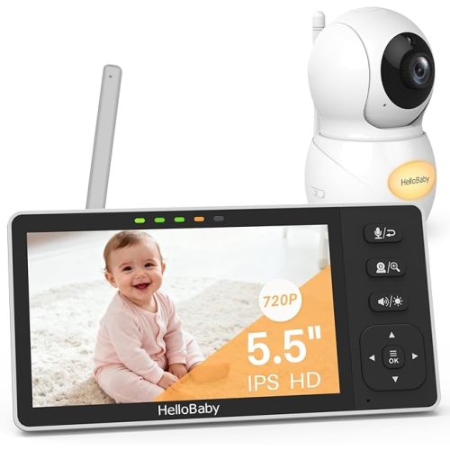 HelloBaby 720P Video Baby Monitor with Baby Camera | No WiFi, Hack-Proof Security & Long Range | Remote Pan, Tilt, Zoom, Night Vision, Night Light | 5.5" Monitor, 4000mAh Battery