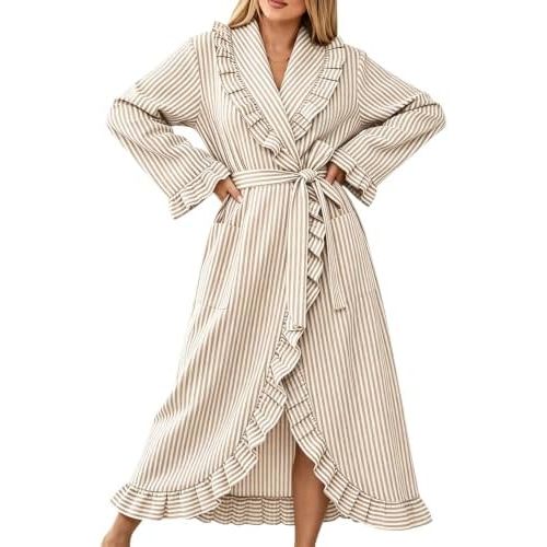 Gihuo Cotton Robes for Women Striped Lightweight Ruffle Bathrobe
