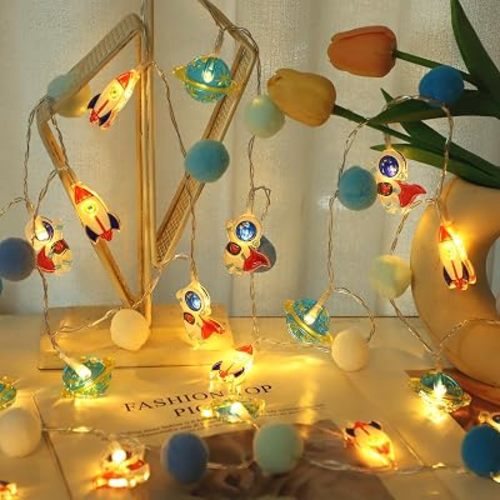 2026 Upgraded 9.85Ft Space Pom Pom String Lights, 20 LED Warm White Low Heat Fairy Lights w/Auto Timer & 8 Modes, Astronaut Rocket Planet Decor for Boys Bedroom Tent Birthday Xmas Holiday