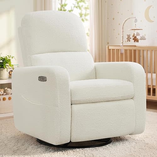 Power Swivel Rocker Recliner, Oversized Electric Boucle Recliner, Teddy Swivel Glider Nursery Reclienr with Soft Cushion, Upholstered Rocking Recling Chair for Living Room Bedroom, Apricot