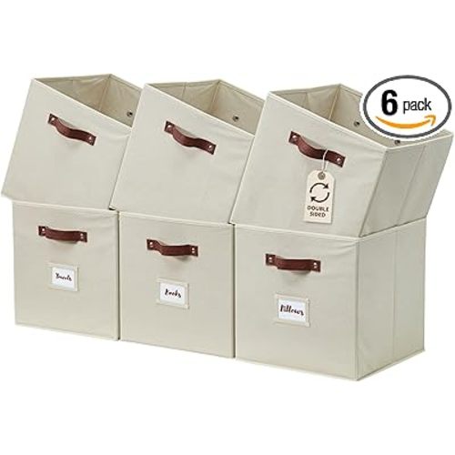 DECOMOMO Storage Bins, Cube Storage Bin with Labels, Fabric Storage Cubes for Shelves (10.5" x 11" / 6pcs, Beige)