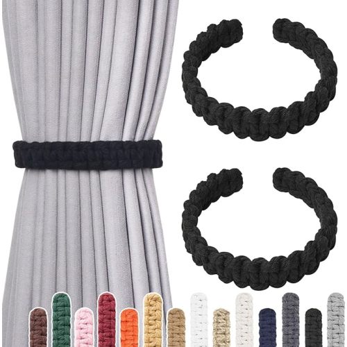 NICEEC 2 Pack Natural Cotton Rope Curtain Tiebacks Farmhouse Rustic Style Decorative Drape Tie Backs Handmade Braided Curtain Holdbacks for Home & Office Sheer/Light Weight Drapery (C-Black-L)